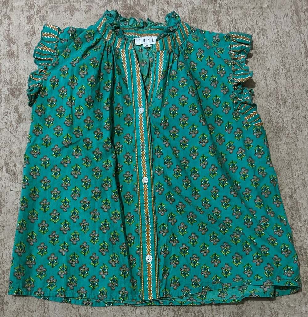 THML Blouse Size XS Green Floral Cotton Ruffle Top